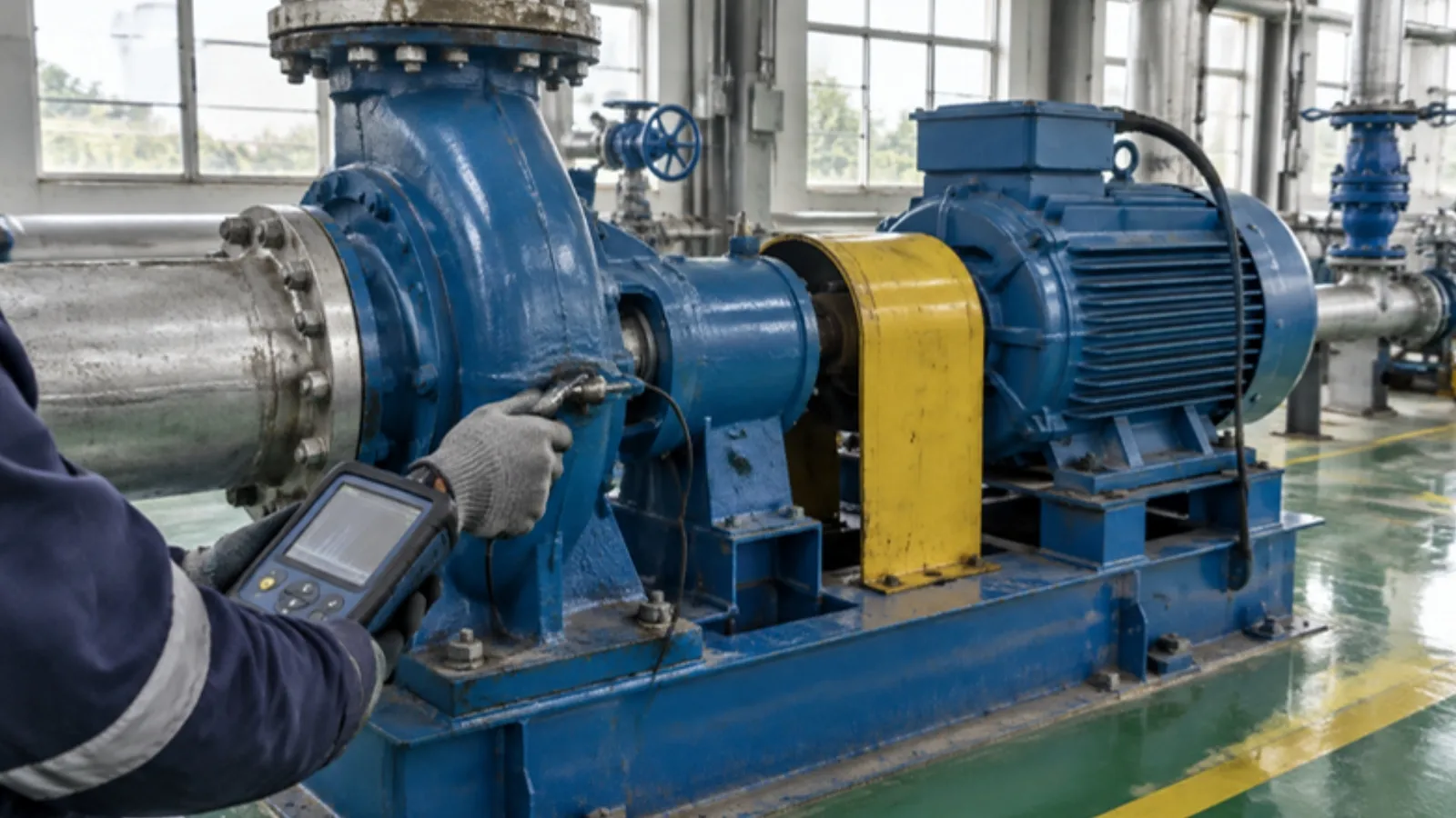 Technician checking a pump bearing with a handheld vibration analyser