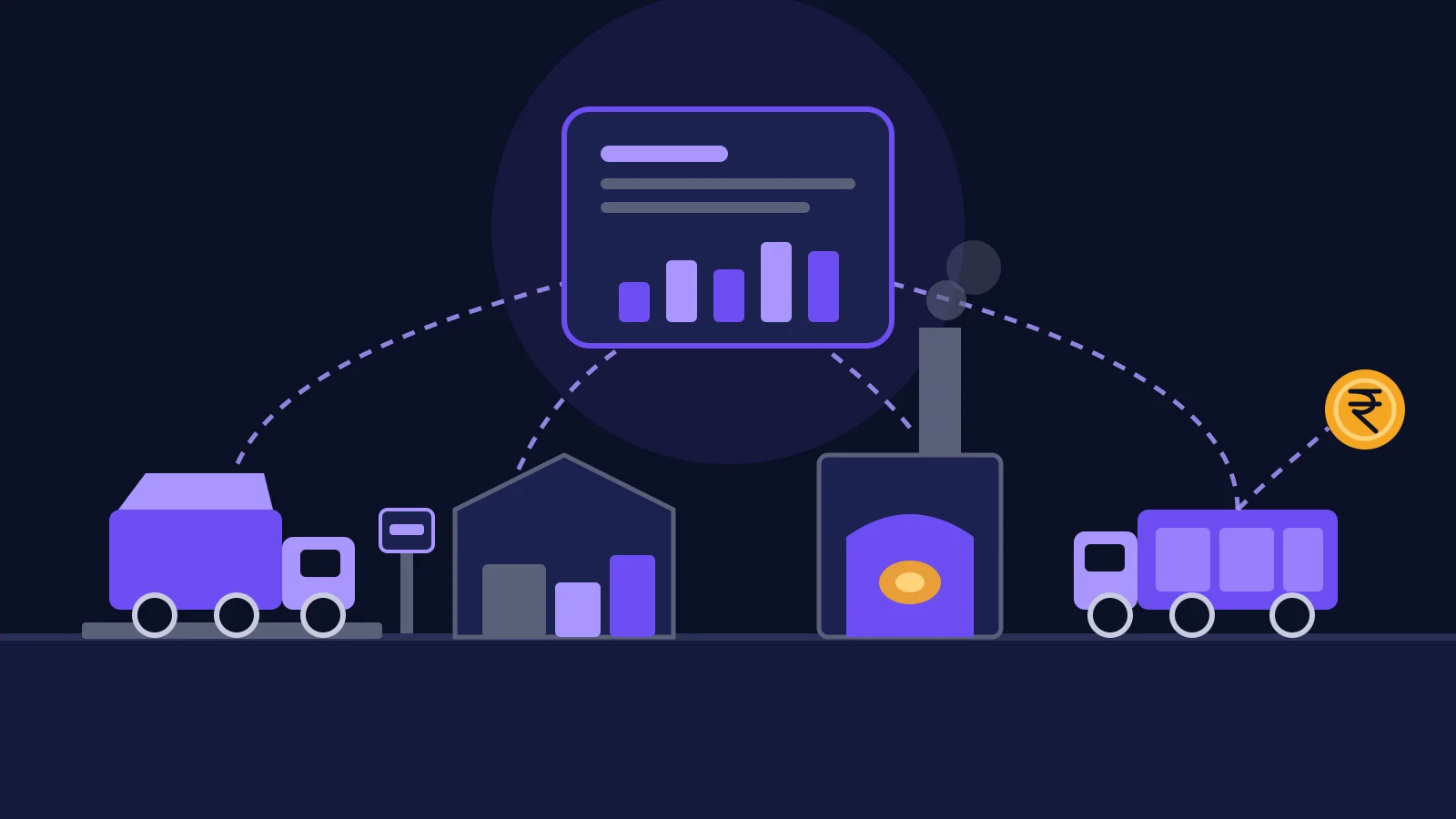 Illustration of a plant with a weighbridge, stores, furnace and dispatch truck all linked to one central record