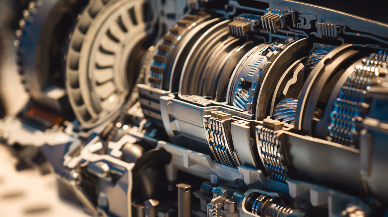 Cutaway of an industrial gearbox showing its gears and bearings