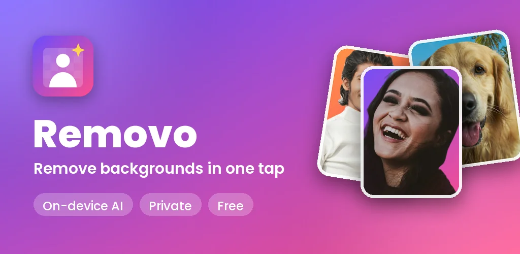 Removo app icon and a phone showing a photo with its background removed, with the words Remove backgrounds in one tap