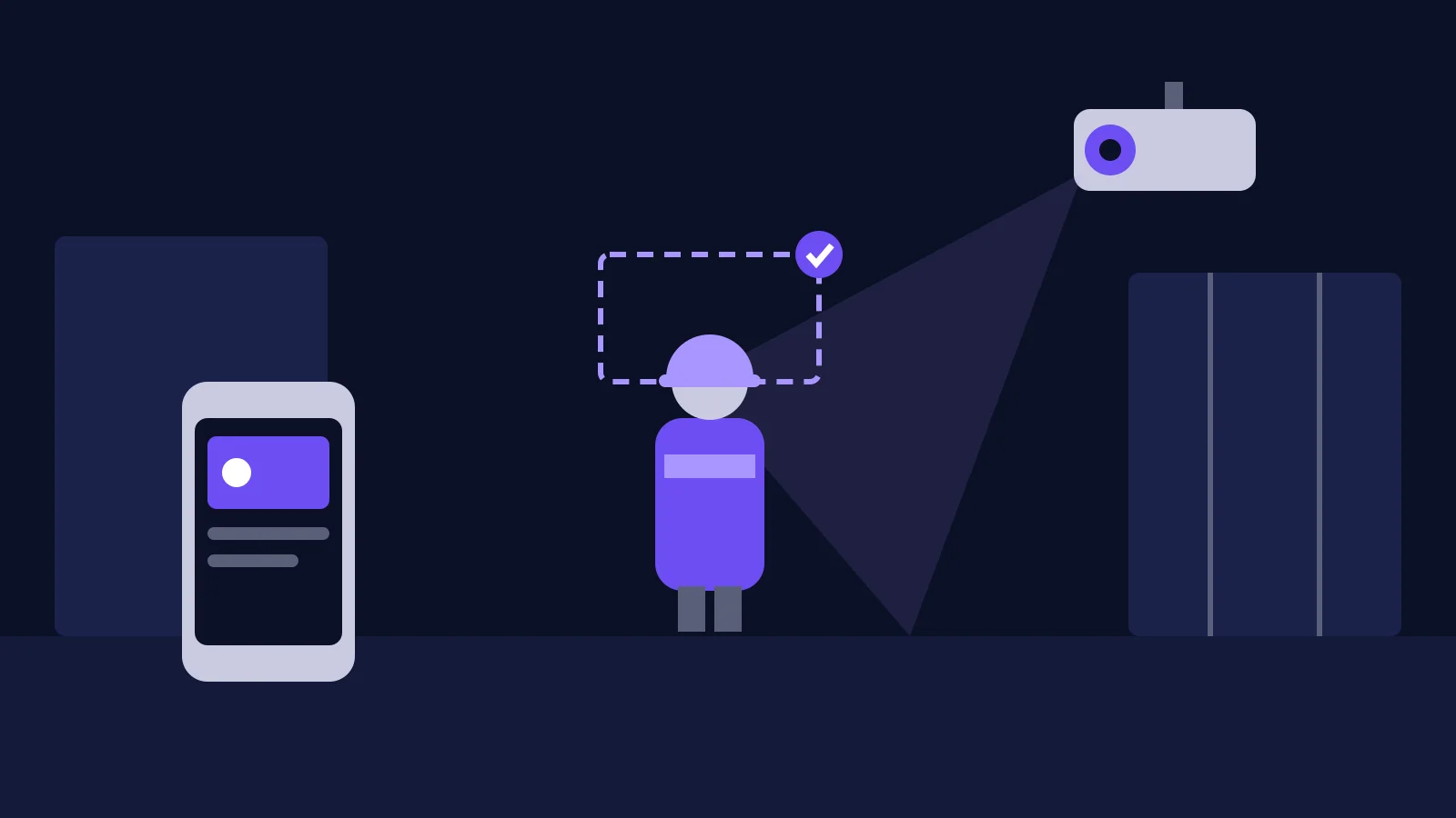 Illustration of a PPE detection system: a CCTV camera boxes a worker in a hard hat and sends an alert to a phone