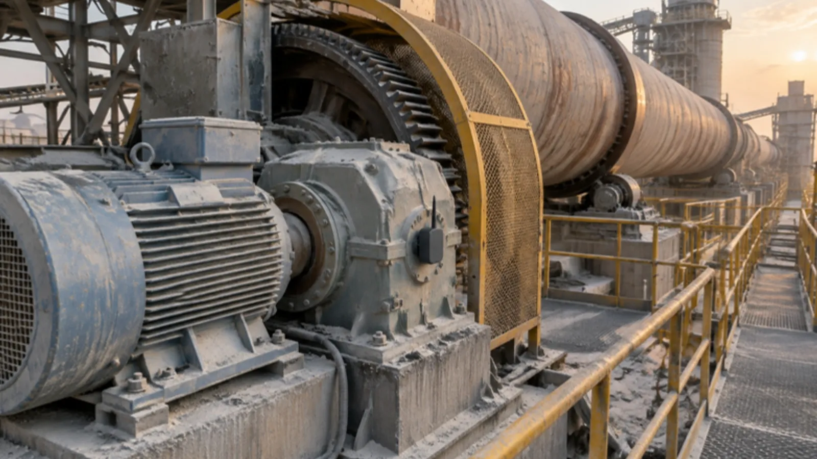 Illustration of a cement kiln drive: motor, gearbox and girth gear guard, with a vibration sensor on the gearbox