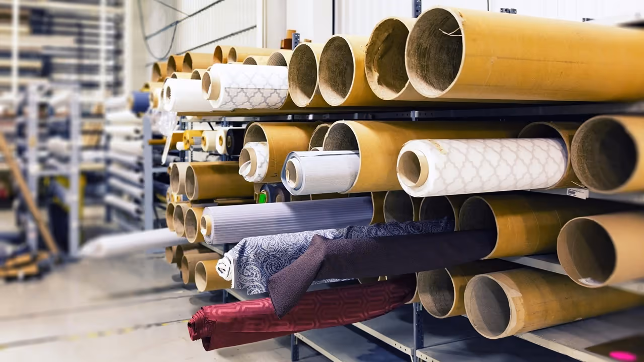 Fabric rolls stacked on racks in a textile mill