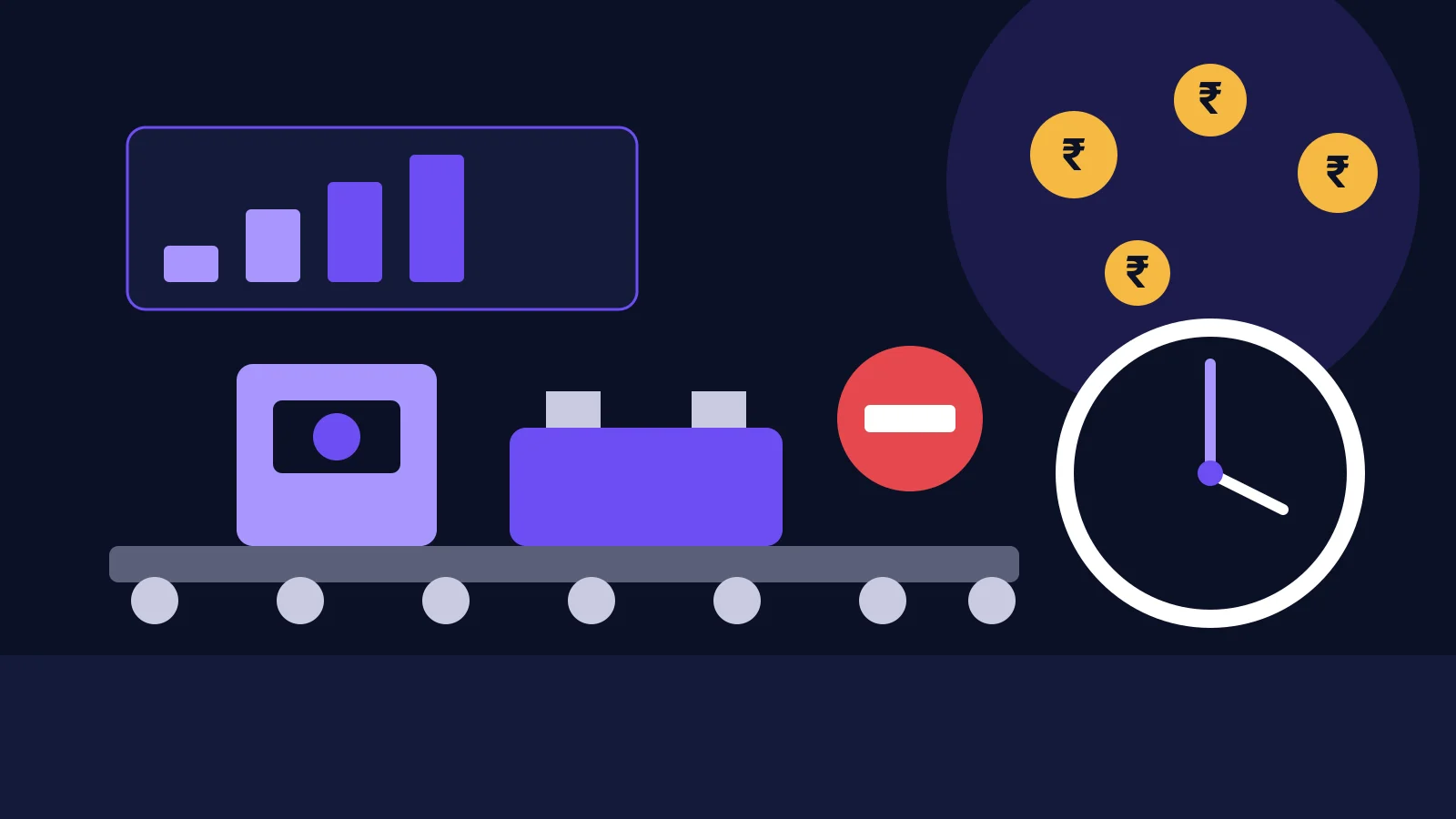 Illustration of a stopped production line with a stop sign, a clock, falling rupee coins and a cost bar chart