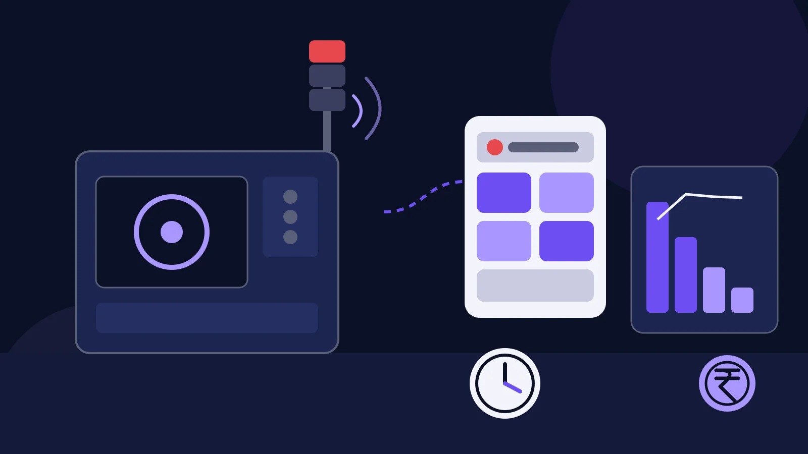 Illustration of machine downtime tracking software: a stopped machine, a reason tablet, a clock and a loss chart